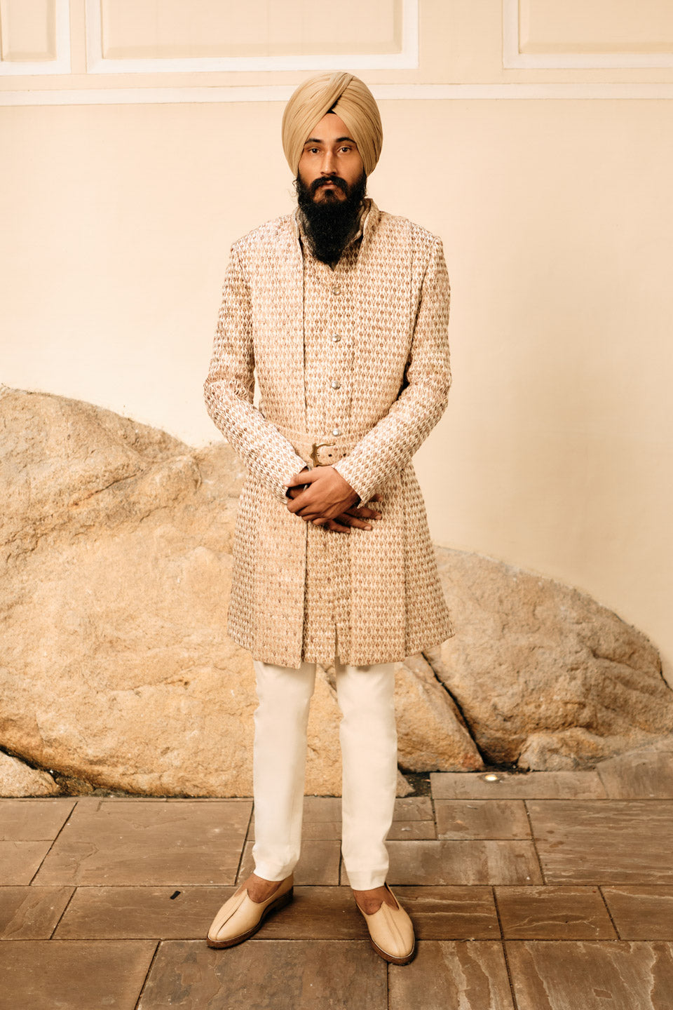 Brocade Polki Ikkat Embroidered Sherwani with Magnetic stole  