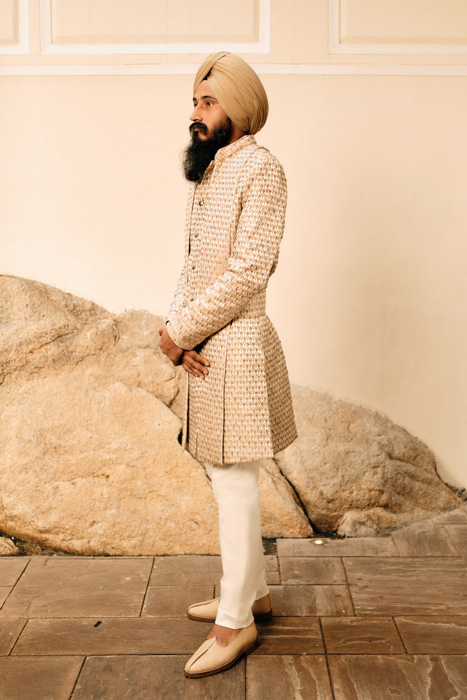 Brocade Polki Ikkat Embroidered Sherwani with Magnetic stole  