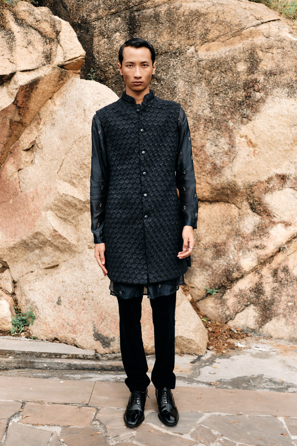 New Chevron Highlighted Sleeveless Bundi with Navy New fire Silk Kurta  