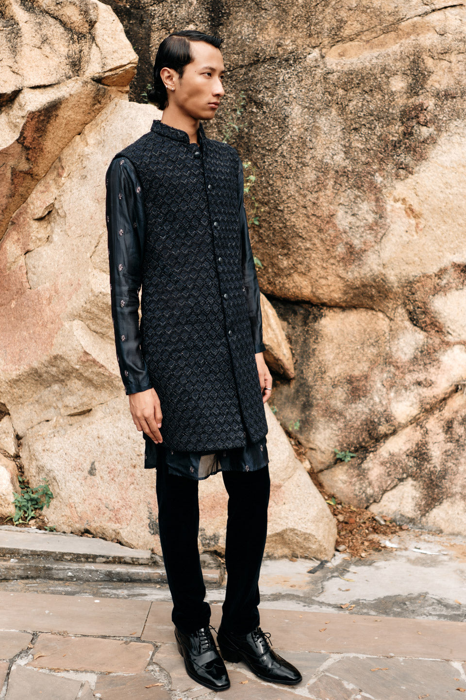 New Chevron Highlighted Sleeveless Bundi with Navy New fire Silk Kurta  
