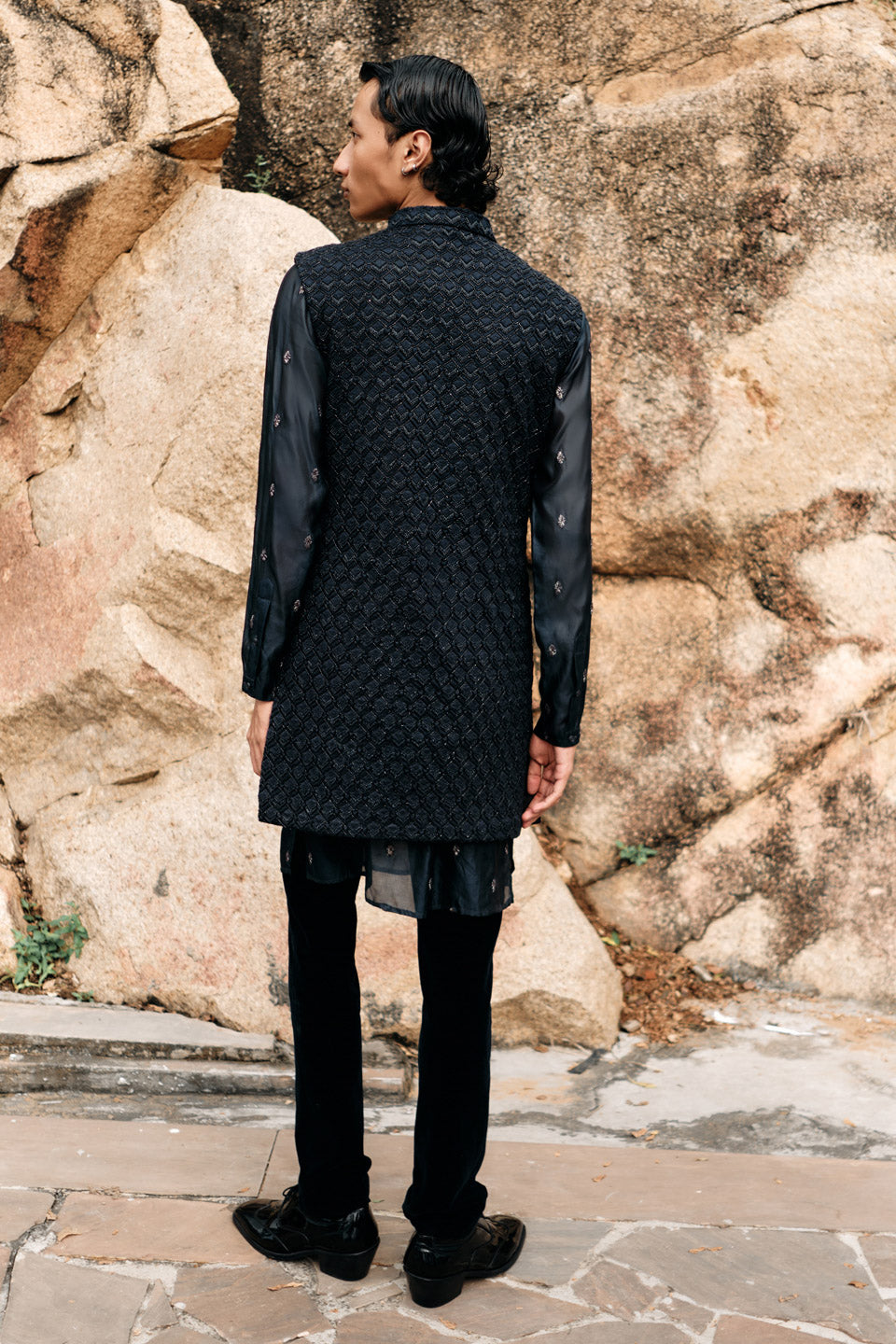 New Chevron Highlighted Sleeveless Bundi with Navy New fire Silk Kurta  