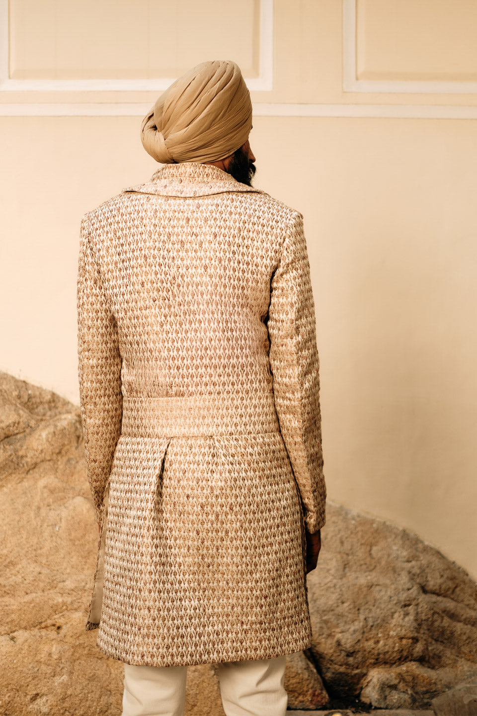 Brocade Polki Ikkat Embroidered Sherwani with Magnetic stole  