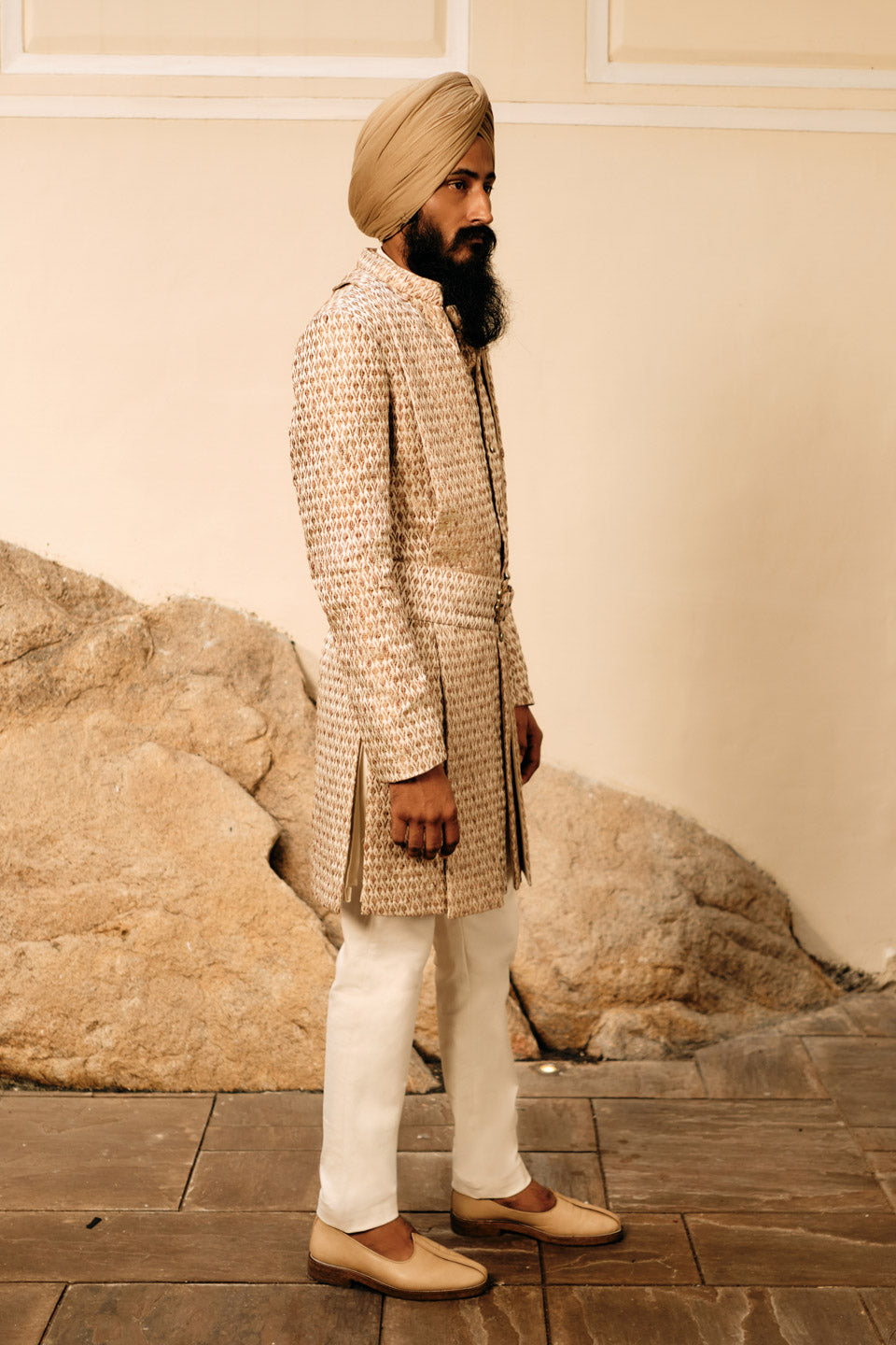 Brocade Polki Ikkat Embroidered Sherwani with Magnetic stole  