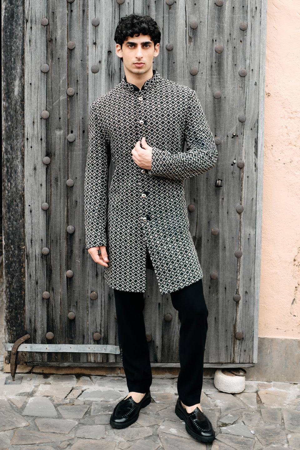 Silver Argyle Embroidered Sherwani  