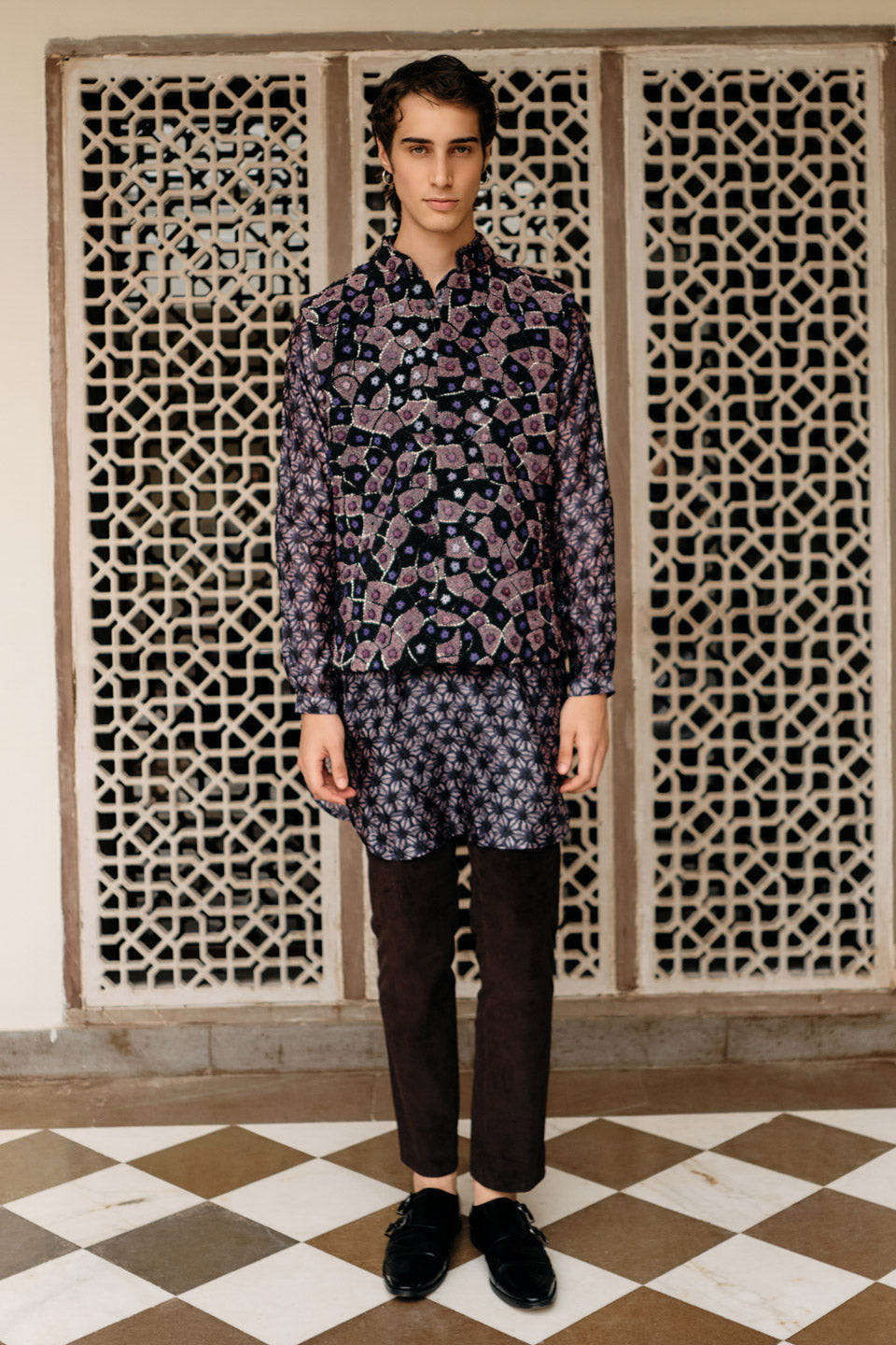 Purple Acrylic Embroidered  Bundi with Printed Silk Kurta  