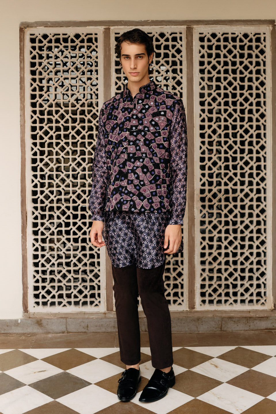Purple Acrylic Embroidered  Bundi with Printed Silk Kurta  