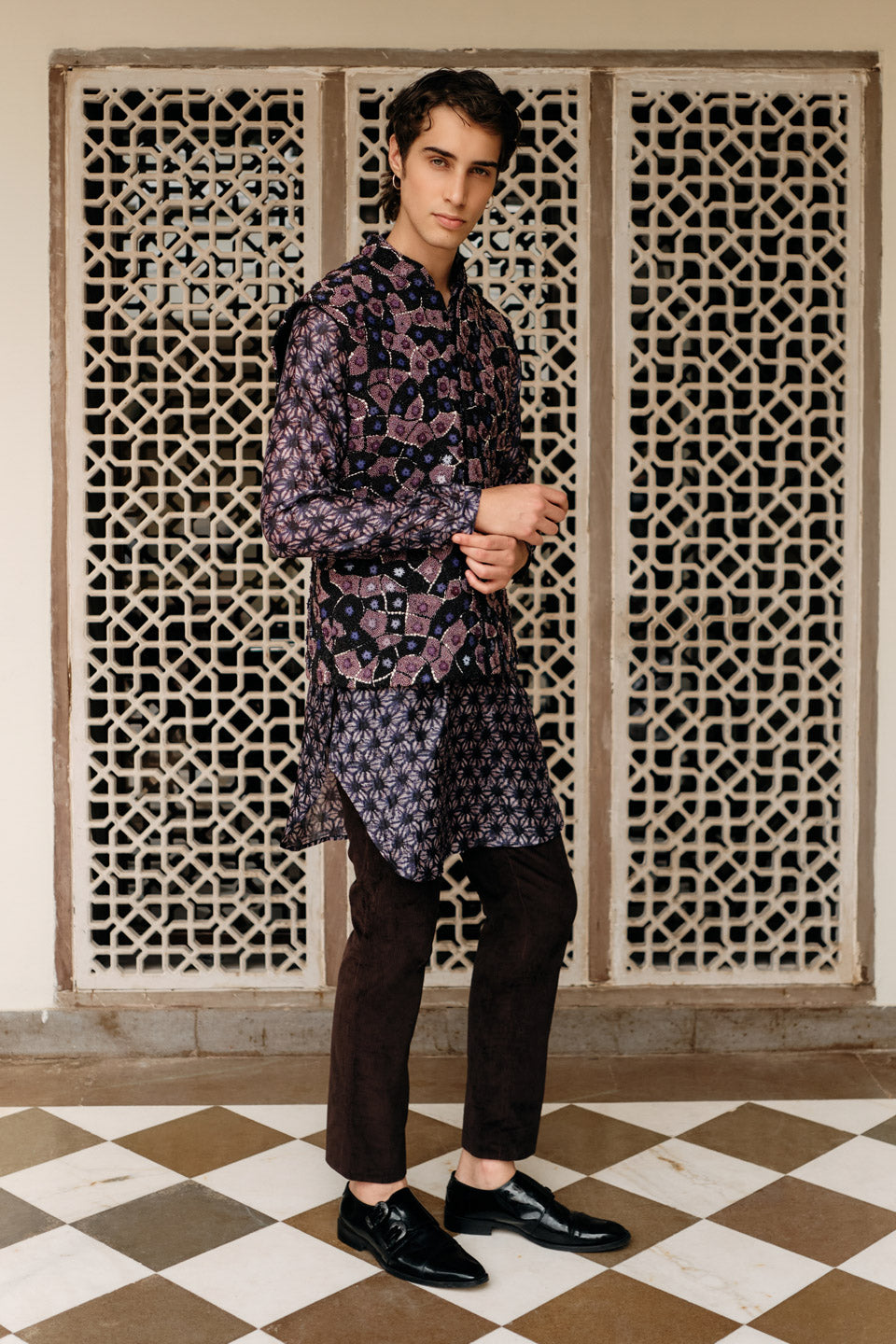 Purple Acrylic Embroidered  Bundi with Printed Silk Kurta  