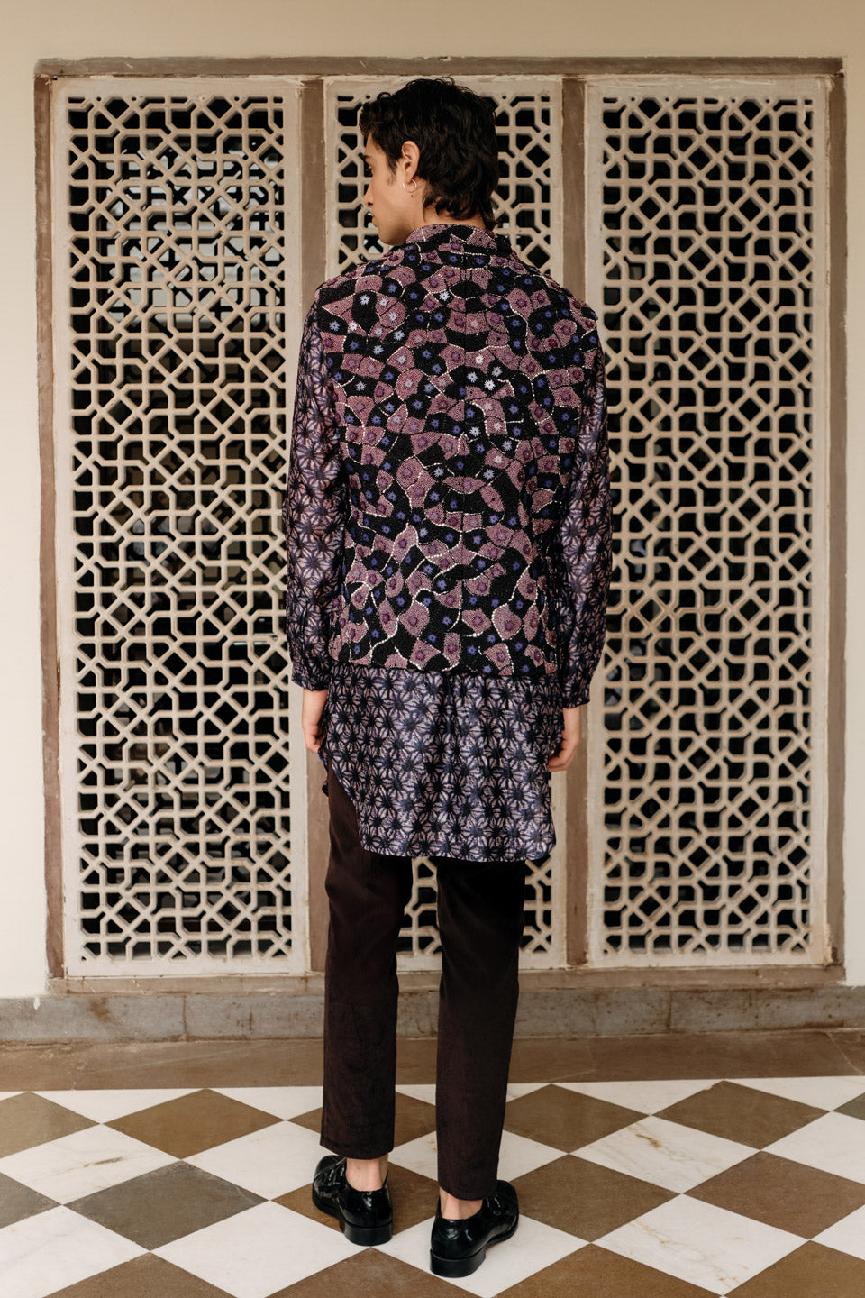 Purple Acrylic Embroidered  Bundi with Printed Silk Kurta  