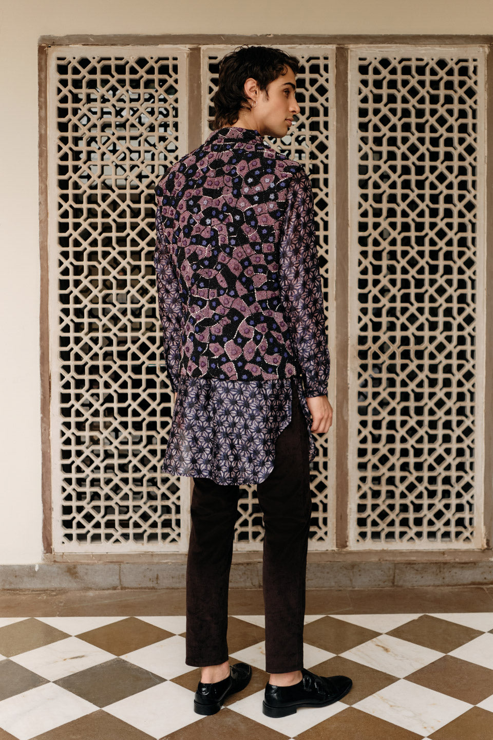 Purple Acrylic Embroidered  Bundi with Printed Silk Kurta  