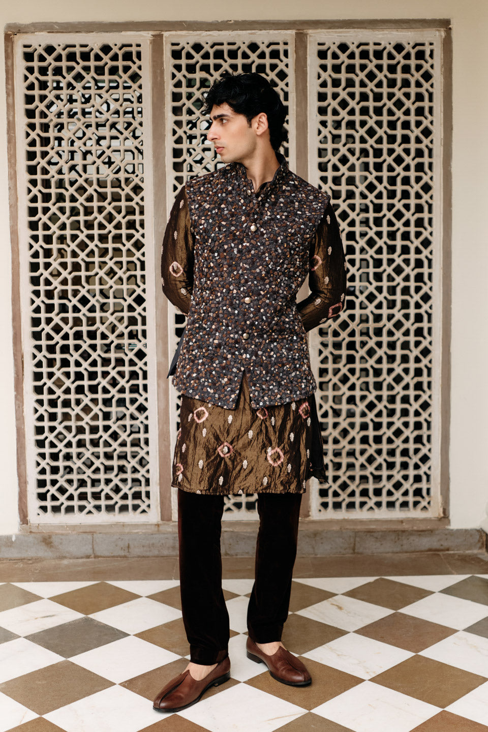 Mosaic Embroidered Bundi with Brown Bandhani Tissue Buti Kurta  