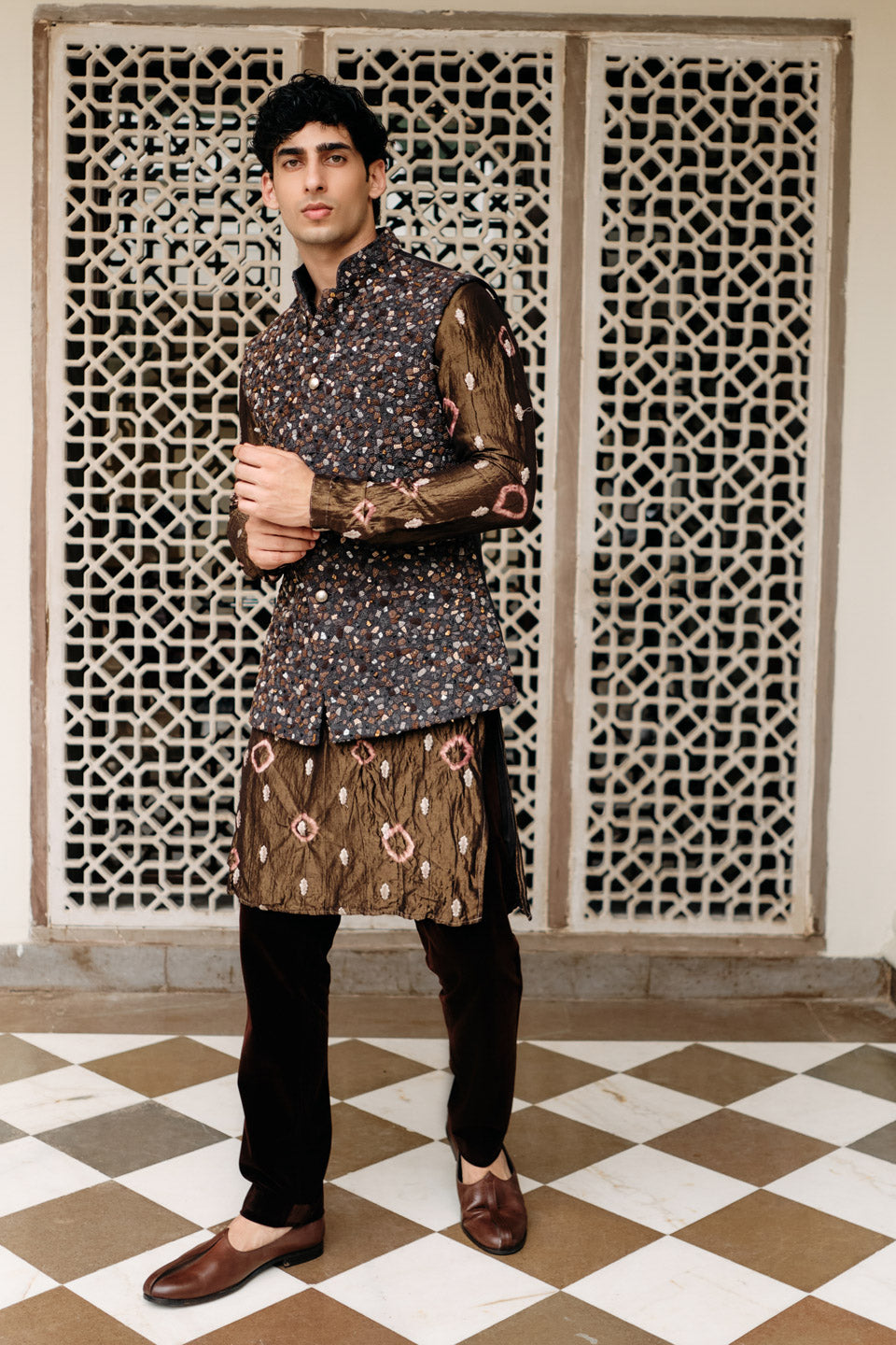 Mosaic Embroidered Bundi with Brown Bandhani Tissue Buti Kurta  