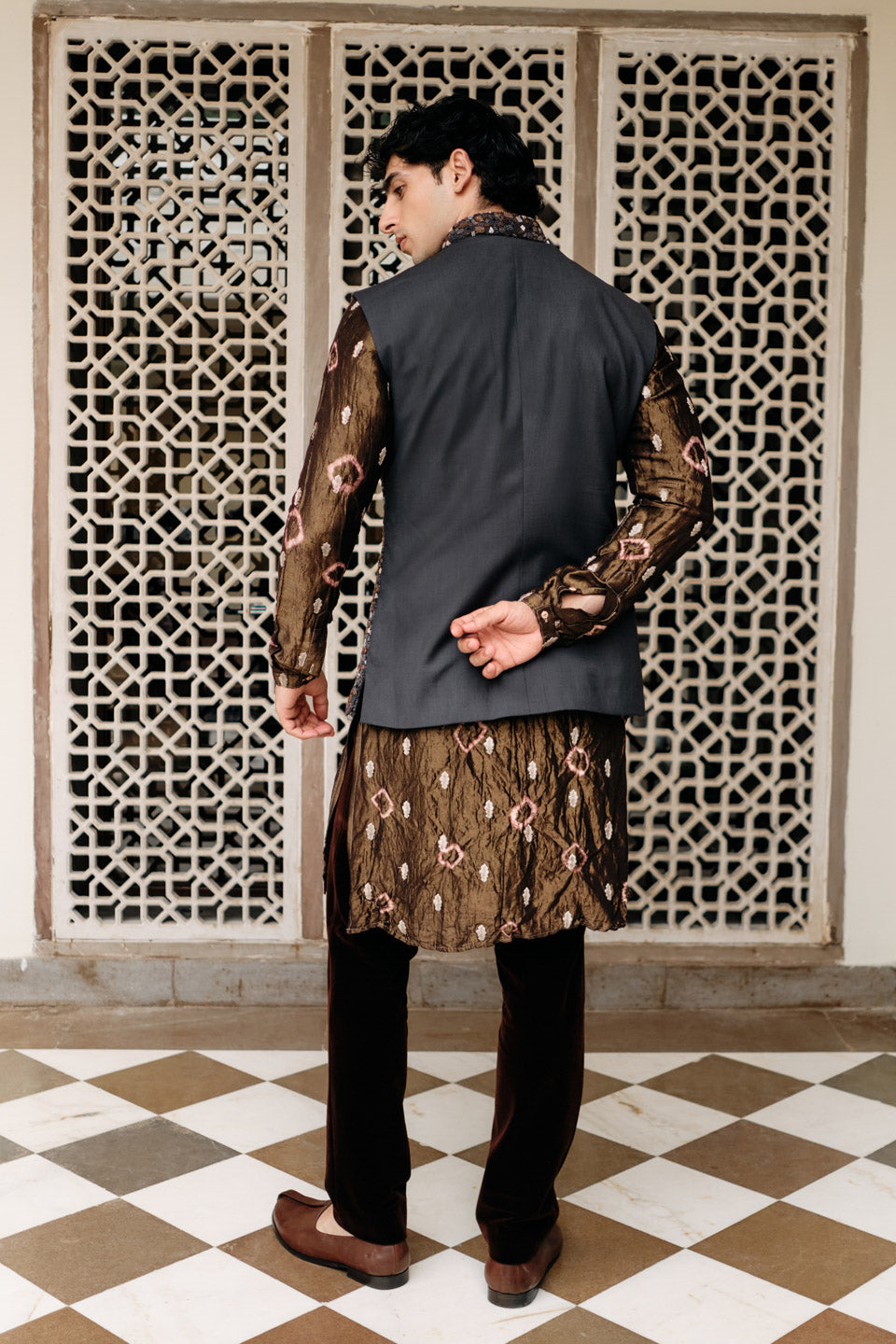Mosaic Embroidered Bundi with Brown Bandhani Tissue Buti Kurta  