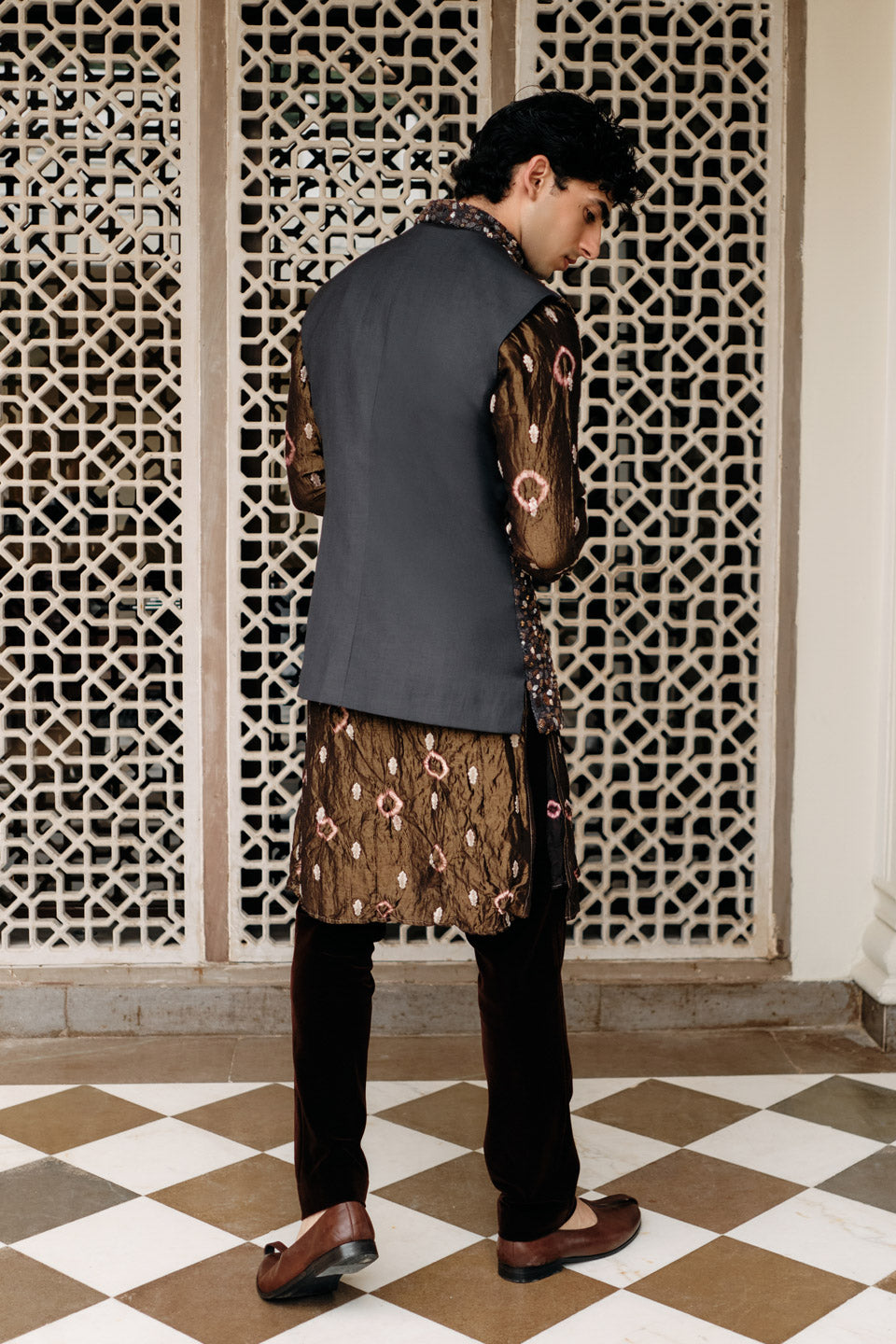Mosaic Embroidered Bundi with Brown Bandhani Tissue Buti Kurta  
