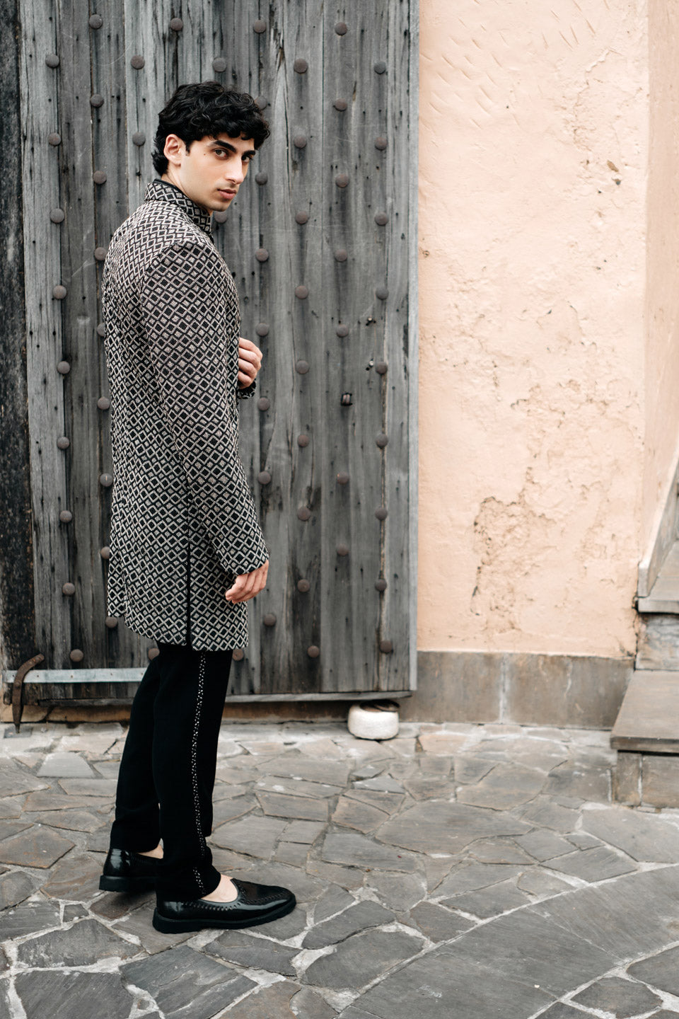 Silver Argyle Embroidered Sherwani  