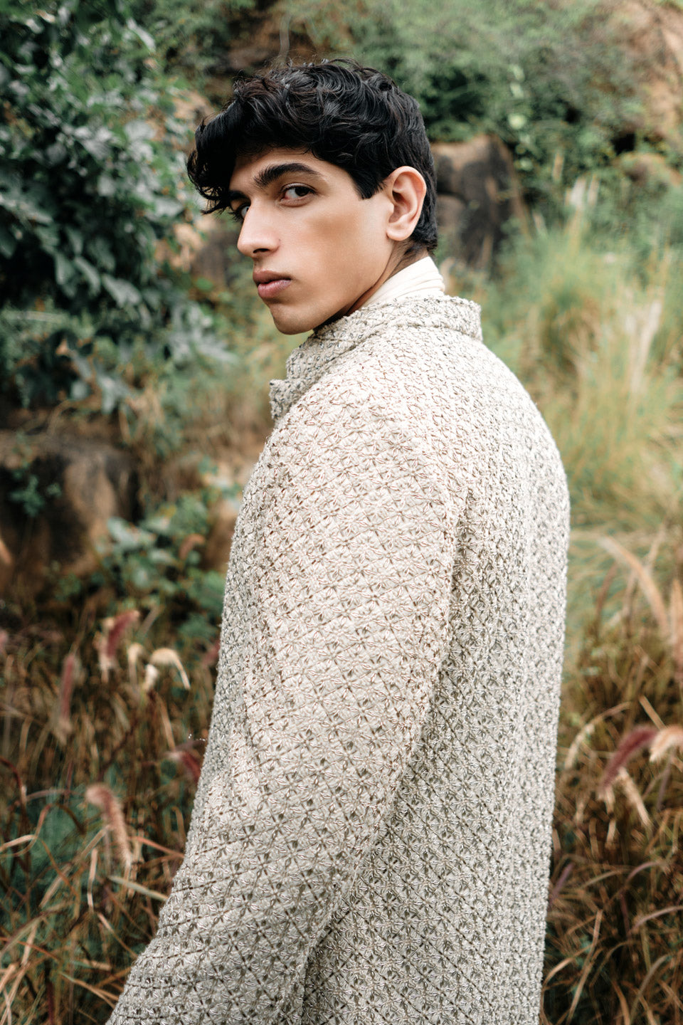 Gold Mesh Mock Layer Sherwani  