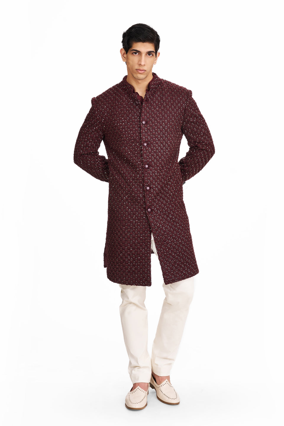 COCONUT KNOTTED HIGHLIGHTED LONG DECON SHERWANI  