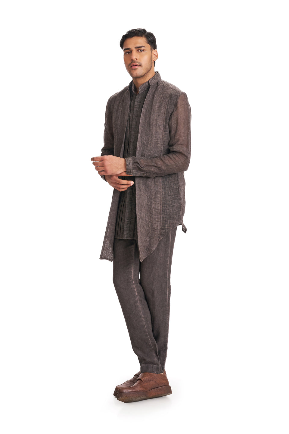 WASHOUT MOCK LAYER BOX PLEATED BIB SHIRT  