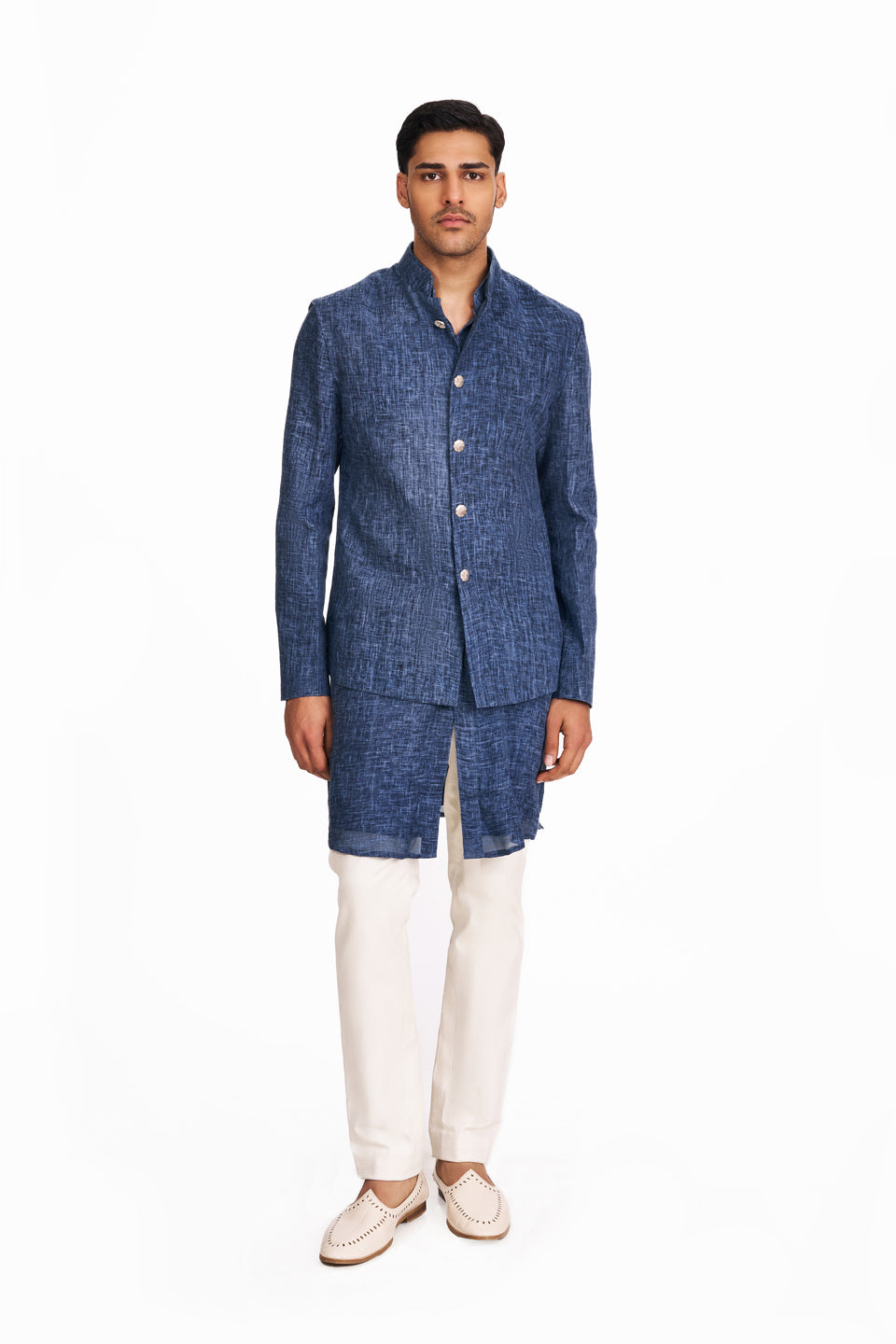  DENIM BLUE TEXTURED LINEN KOTI AND KURTA SET 