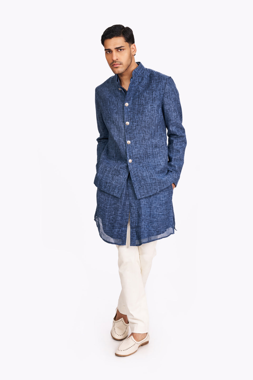 DENIM BLUE TEXTURED LINEN KOTI AND KURTA SET  