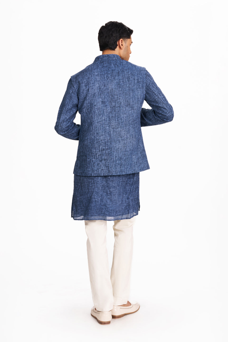 DENIM BLUE TEXTURED LINEN KOTI AND KURTA SET  