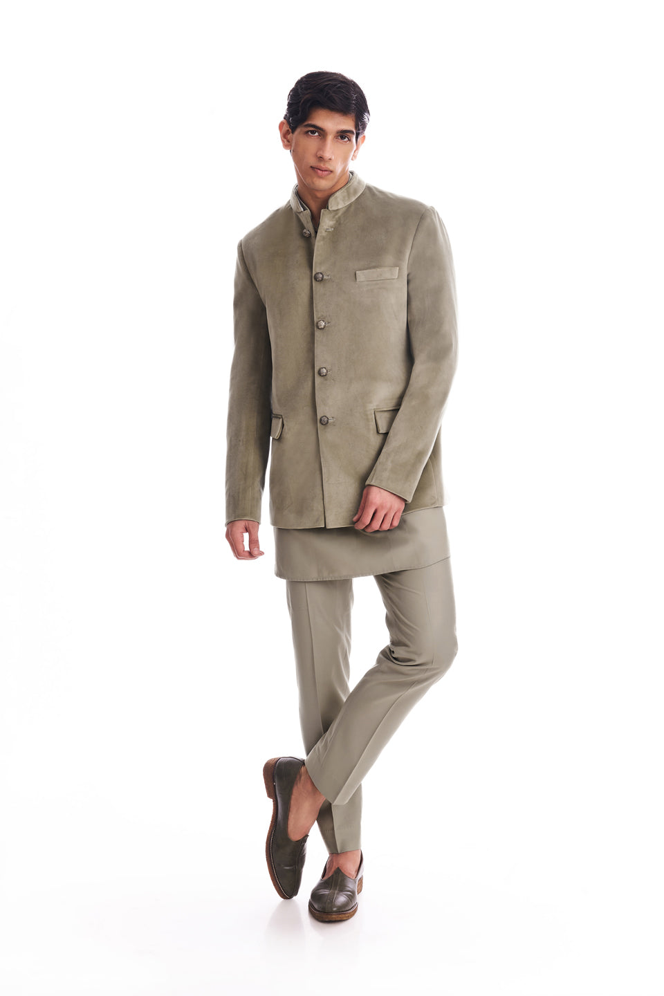 WASHED OLIVE PLAIN SUEDE BANDHGALA SET  