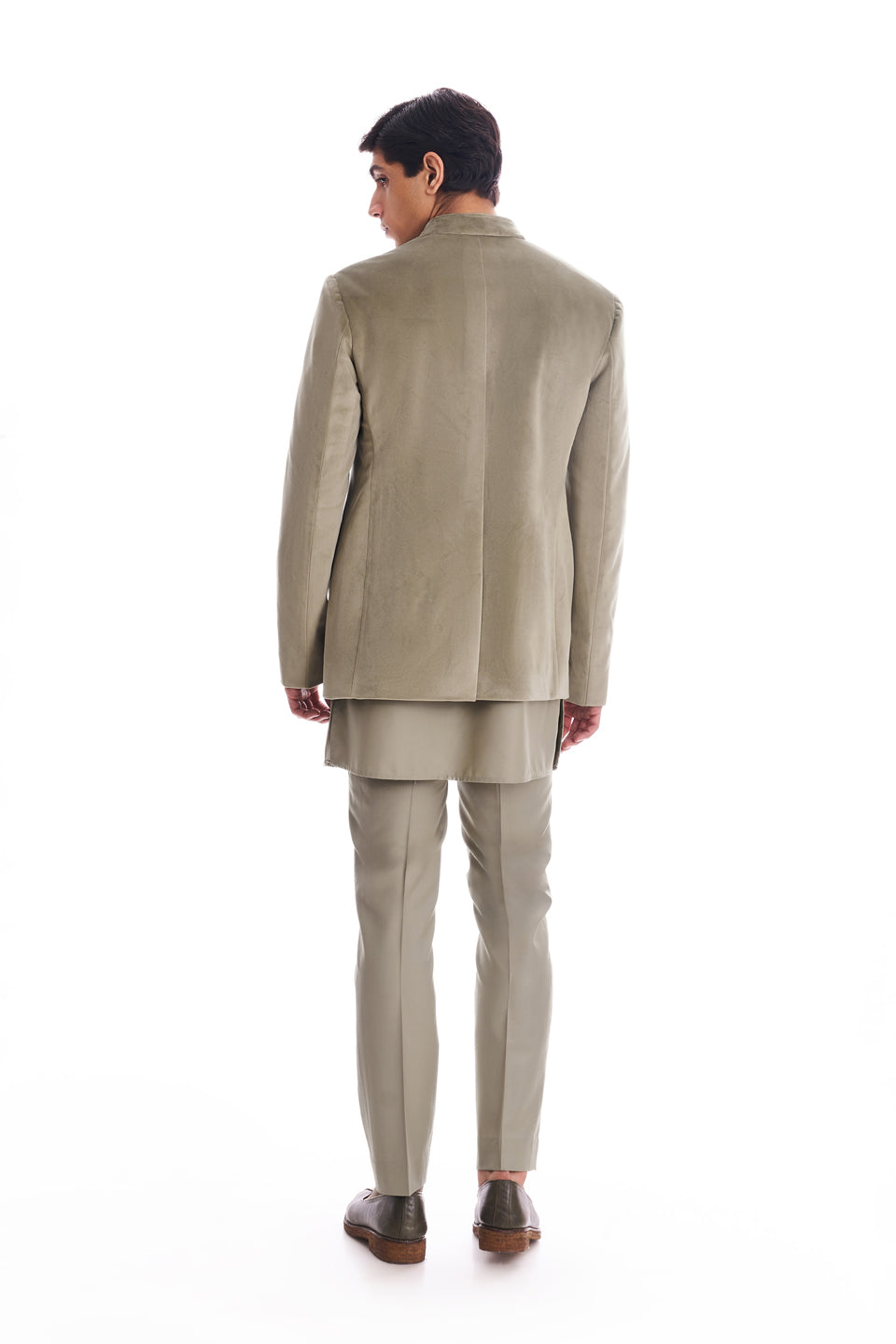 WASHED OLIVE PLAIN SUEDE BANDHGALA SET  
