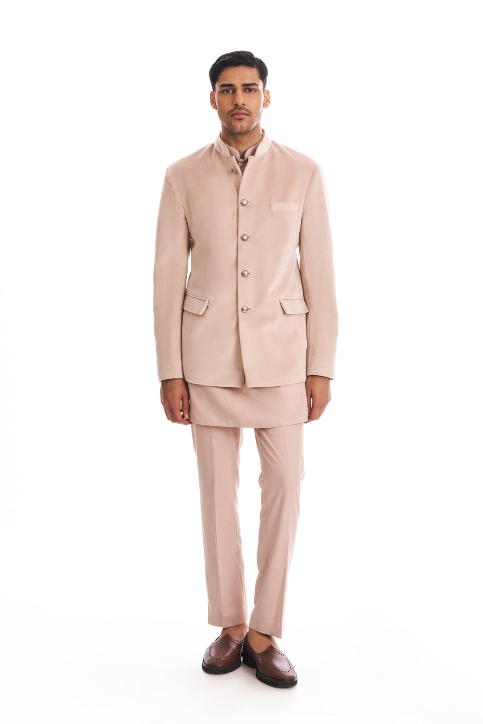  SALMON PINK SUEDE BANDHGALA SET 