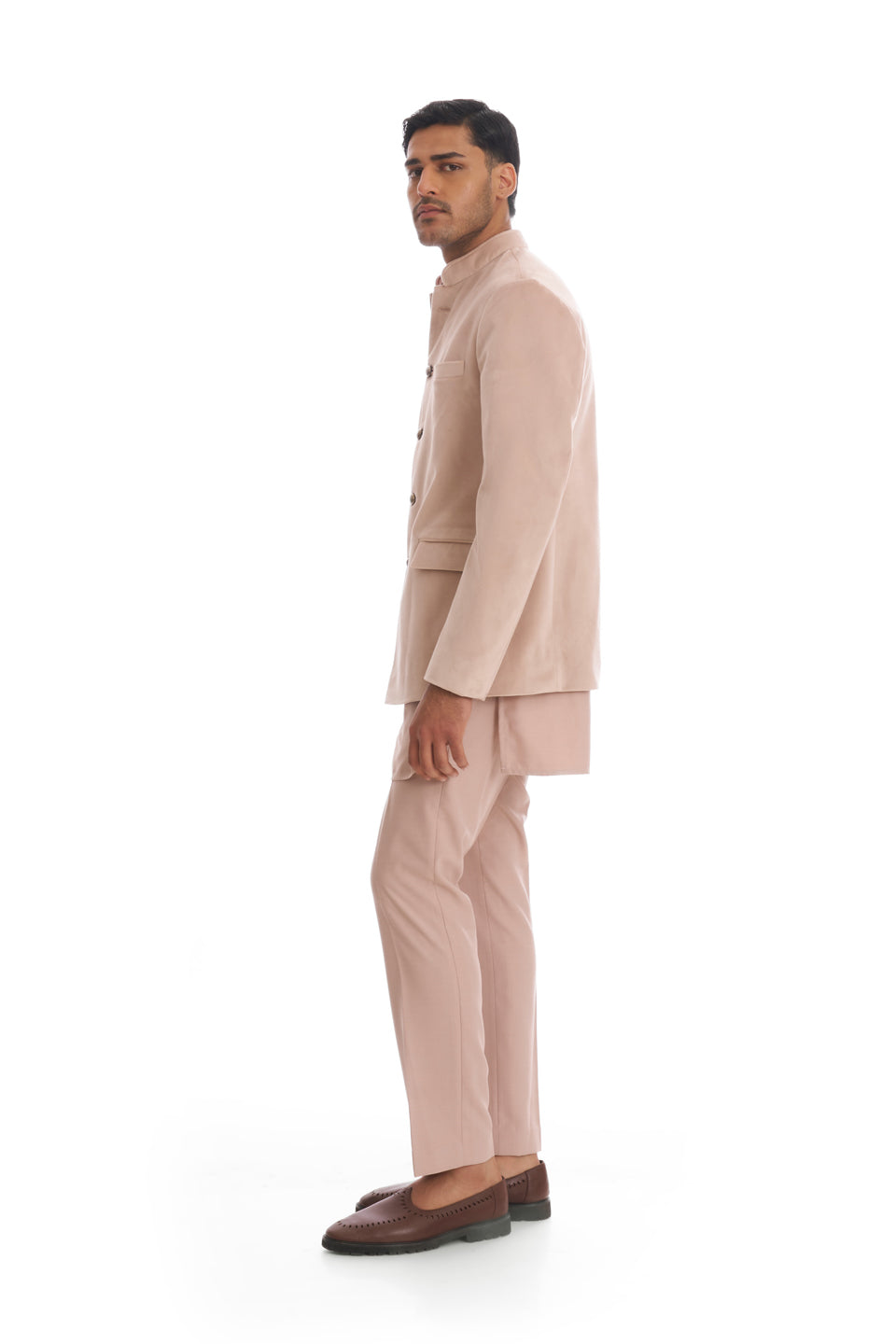 SALMON PINK SUEDE BANDHGALA SET  