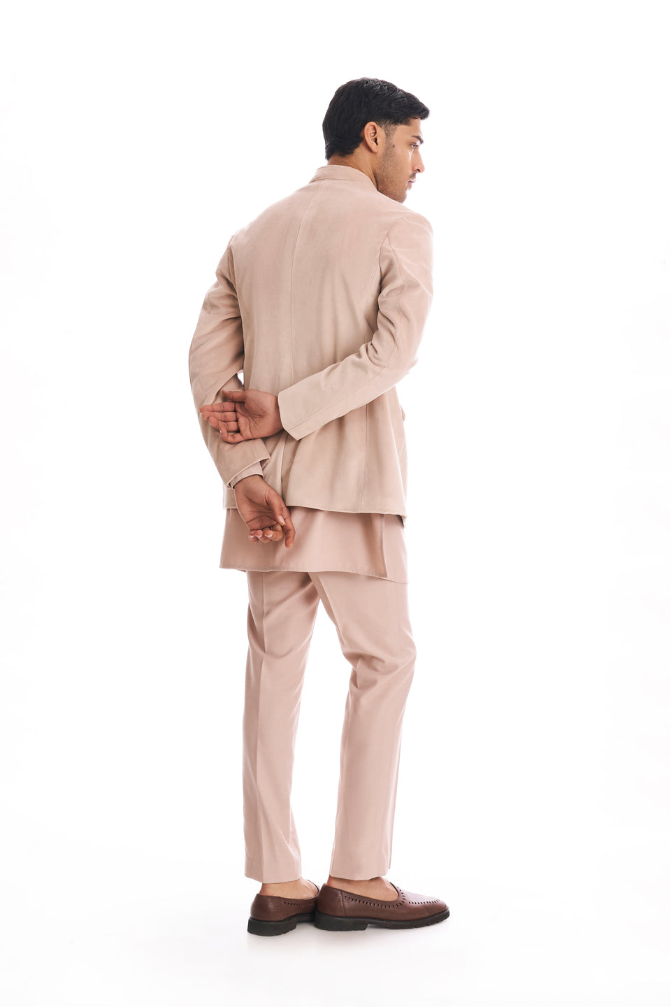SALMON PINK SUEDE BANDHGALA SET  
