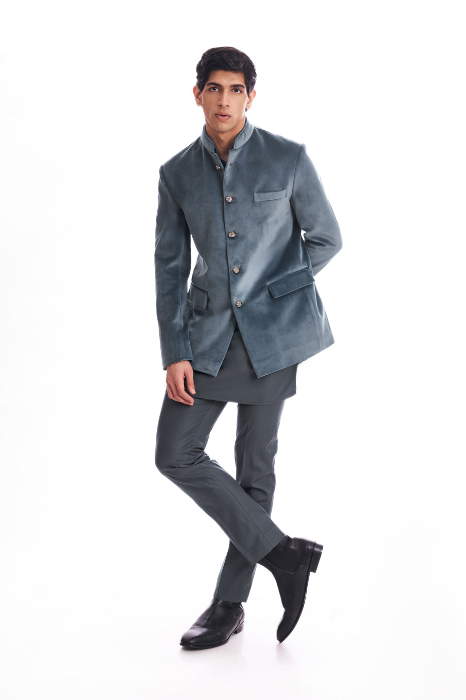 TEAL BLUE PLAIN SUEDE BANDHGALA SET  