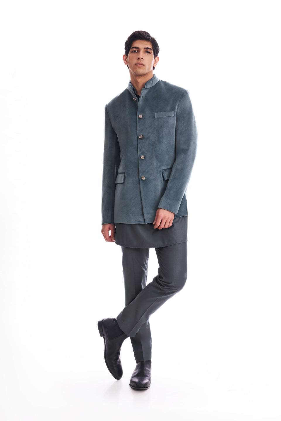  TEAL BLUE PLAIN SUEDE BANDHGALA SET 