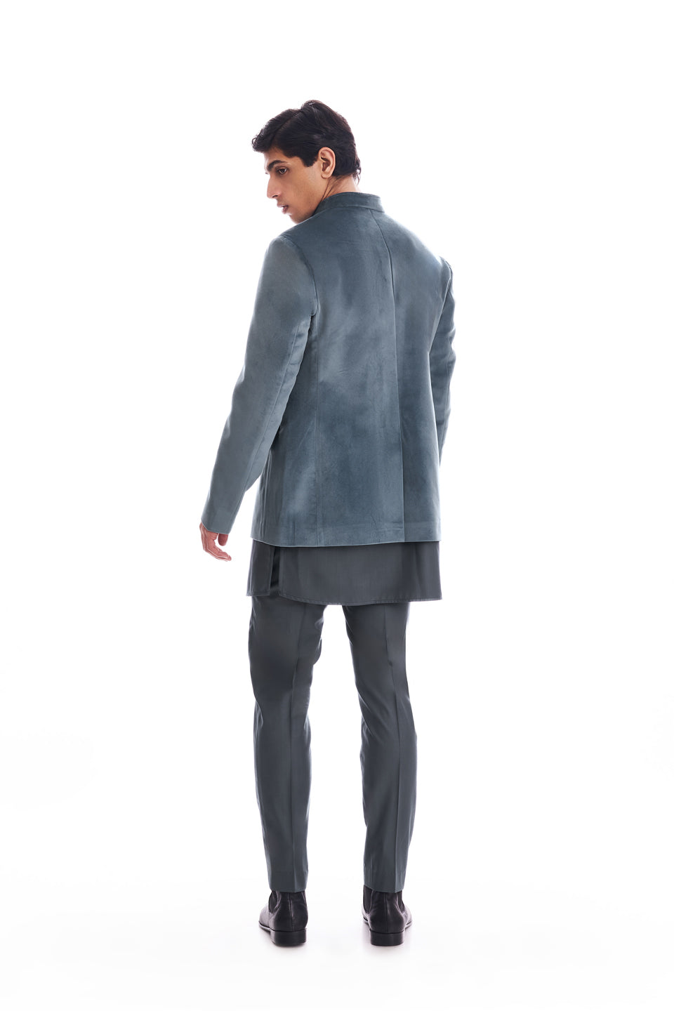 TEAL BLUE PLAIN SUEDE BANDHGALA SET  