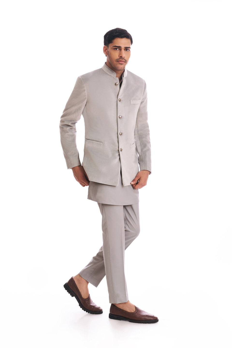 SLATE GREY SUEDE BANDHGALA SET  