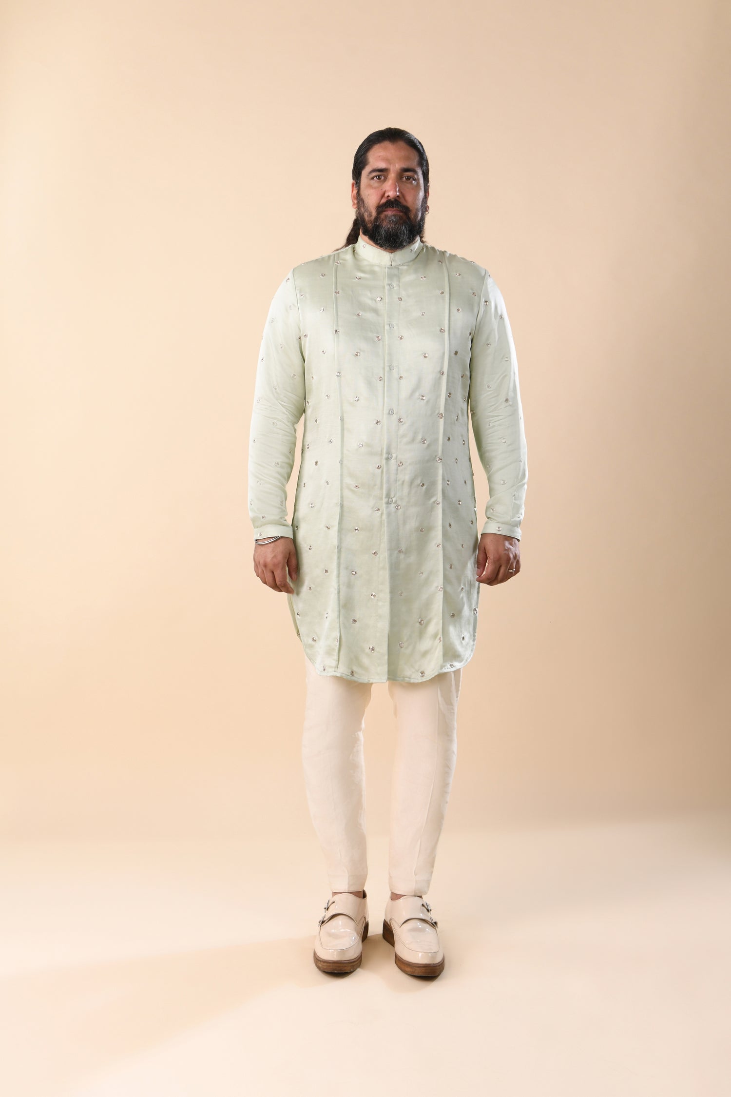  OUTSPREAD MIRROR HIGHLIGHTED PANNELED PASTEL MINT GREEN KURTA 