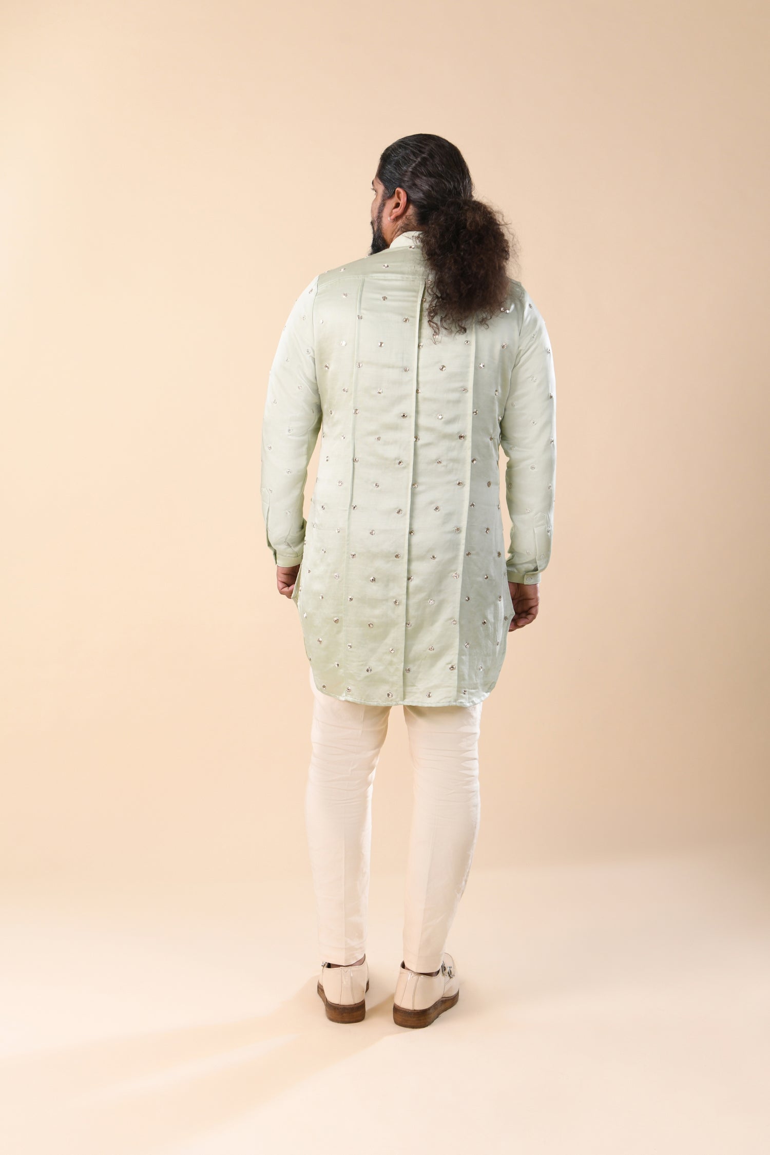 OUTSPREAD MIRROR HIGHLIGHTED PANNELED PASTEL MINT GREEN KURTA  