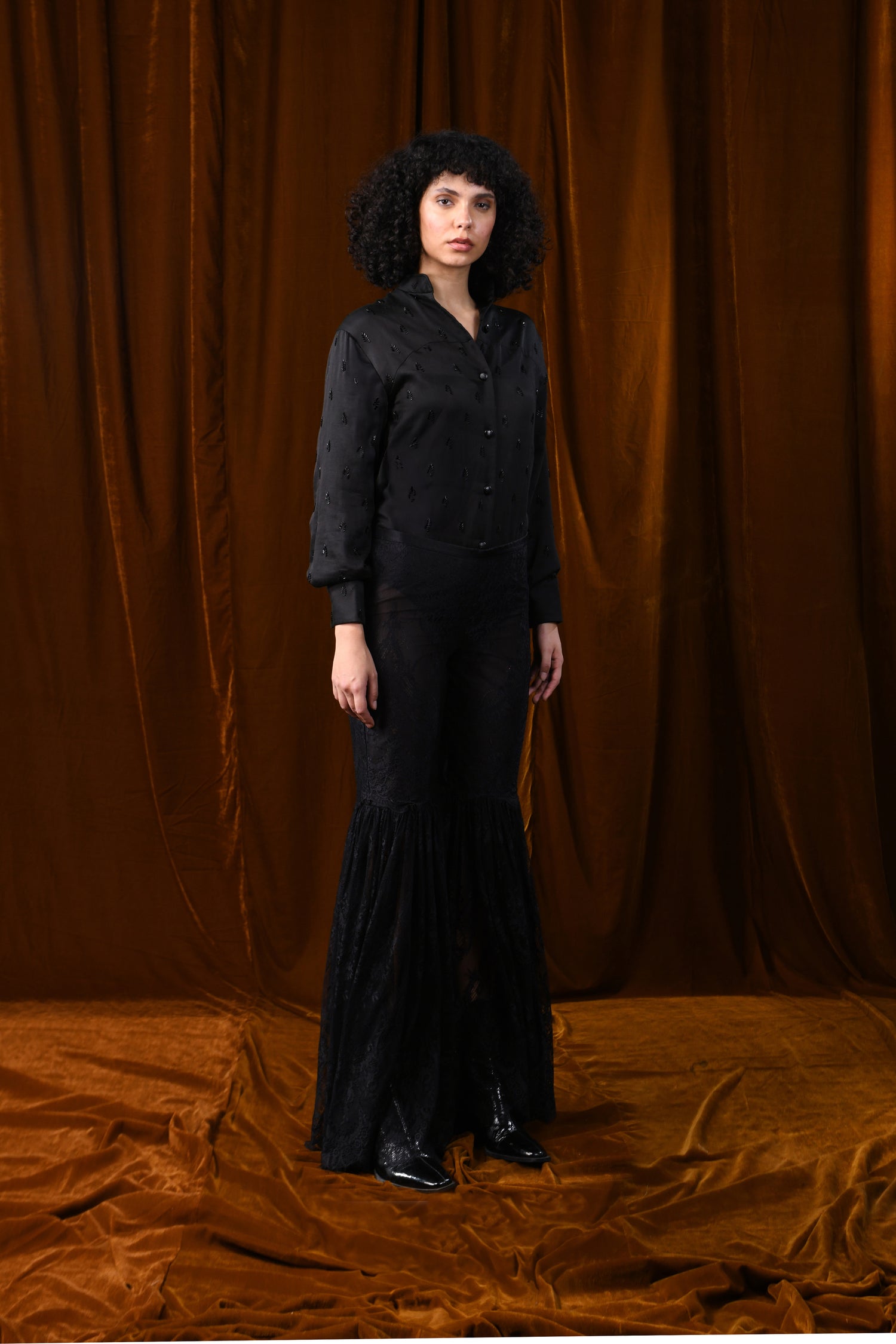 OUTSPREAD FIRE HIGHLIGHTED BLACK BODYSUIT  