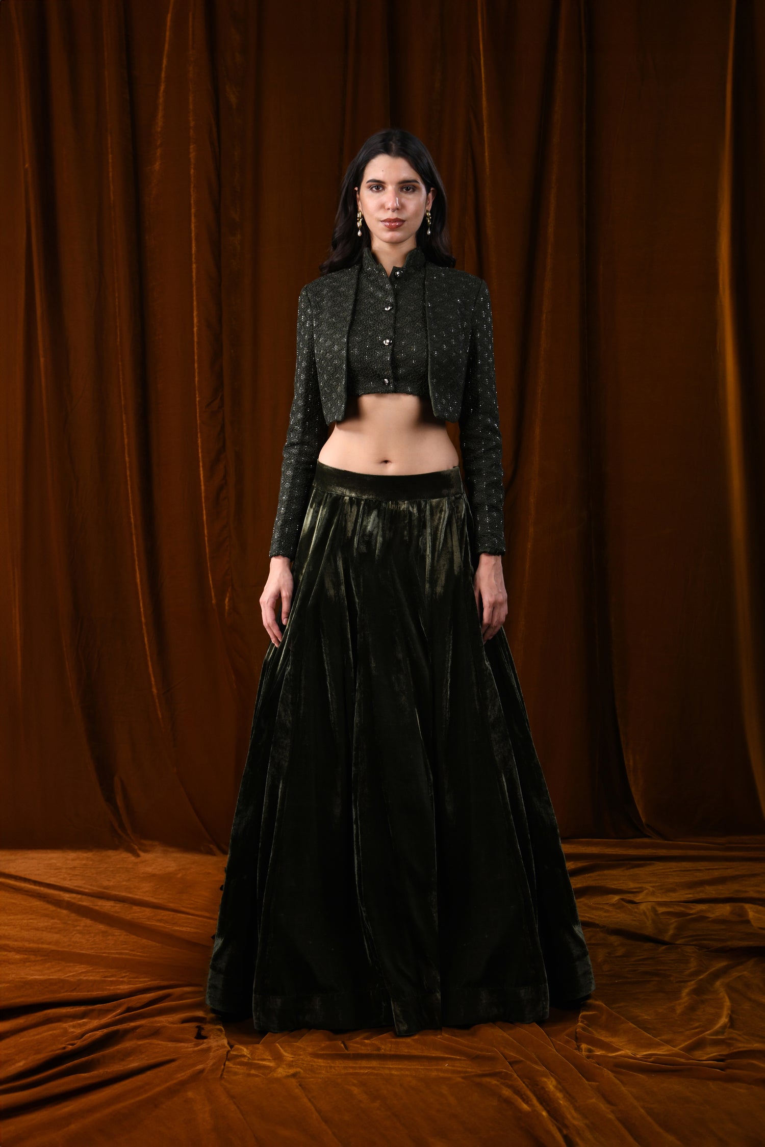  LAMP HIGHLIGHTED MOCK LAYER OLIVE BLOUSE LEHENGA SET 