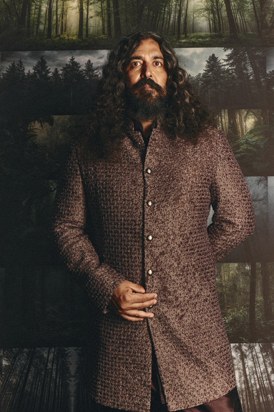 Multi Beaded Washed Short Sherwani  