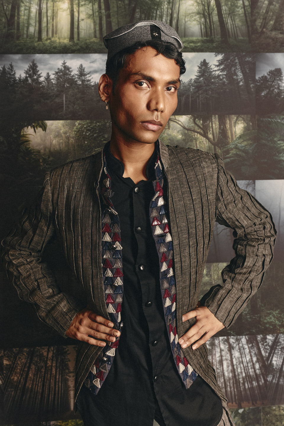 Washed Charcoal Pleated Mock Layer Bandhgala Set  
