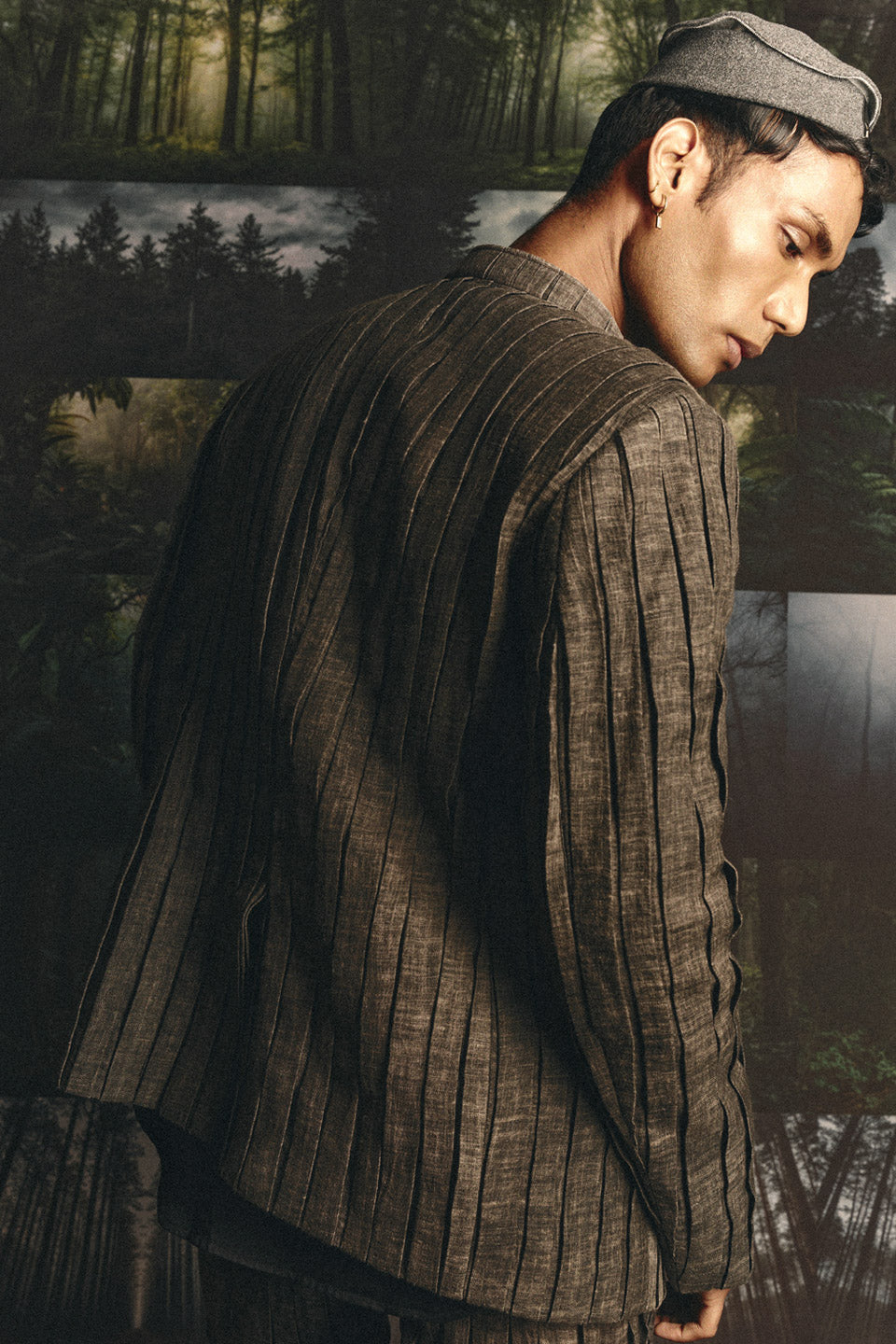 Washed Charcoal Pleated Mock Layer Bandhgala Set  