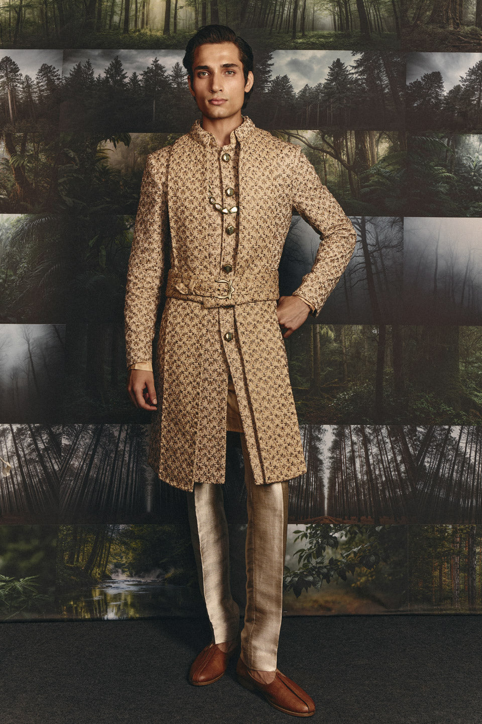 Zardosi Small Flower Champange Groom Set  