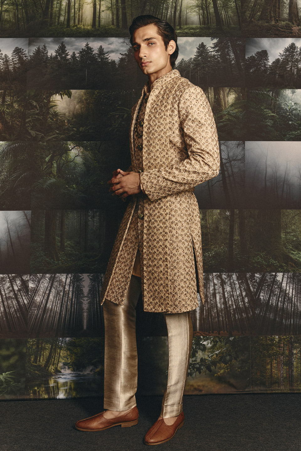 Zardosi Small Flower Champange Groom Set  