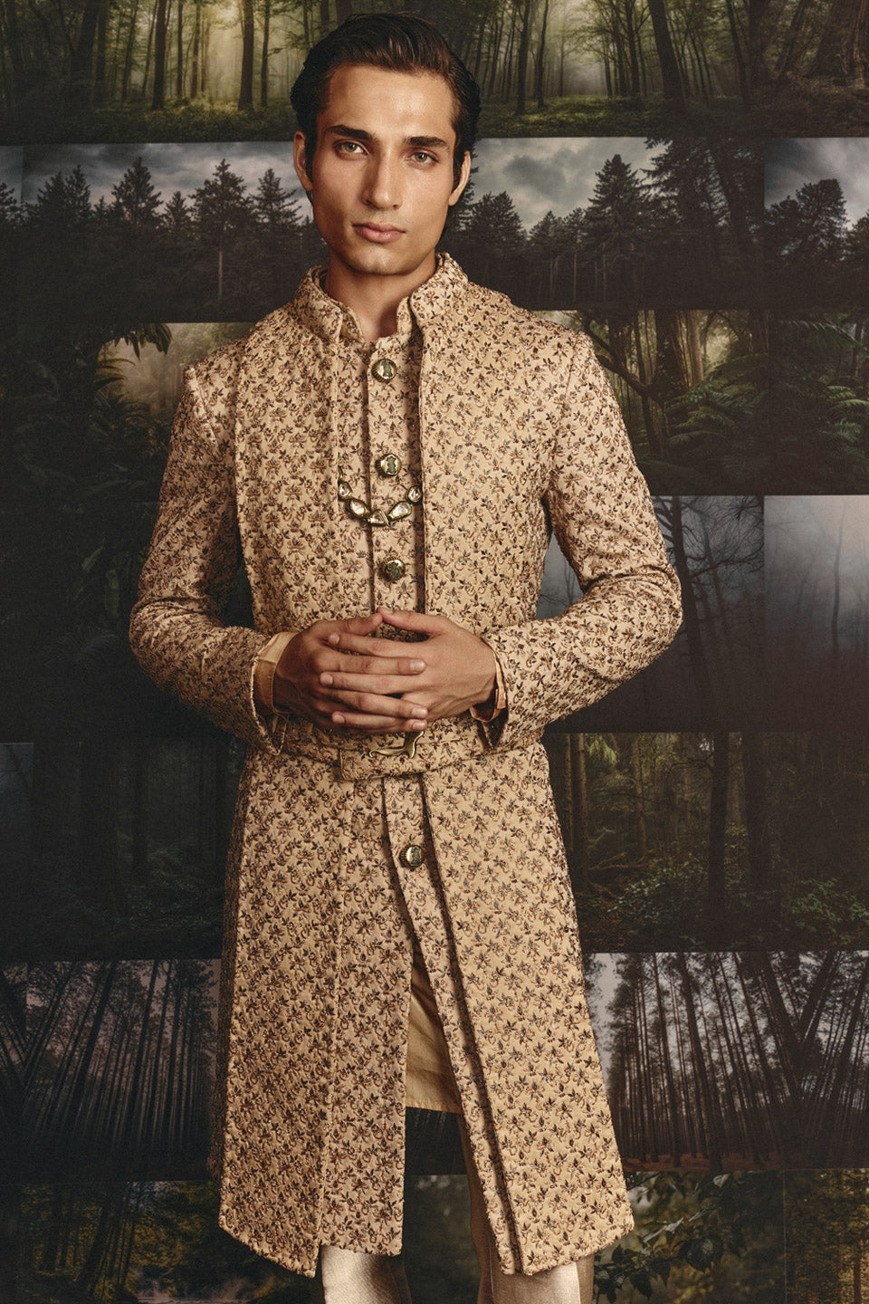 Zardosi Small Flower Champange Groom Set  