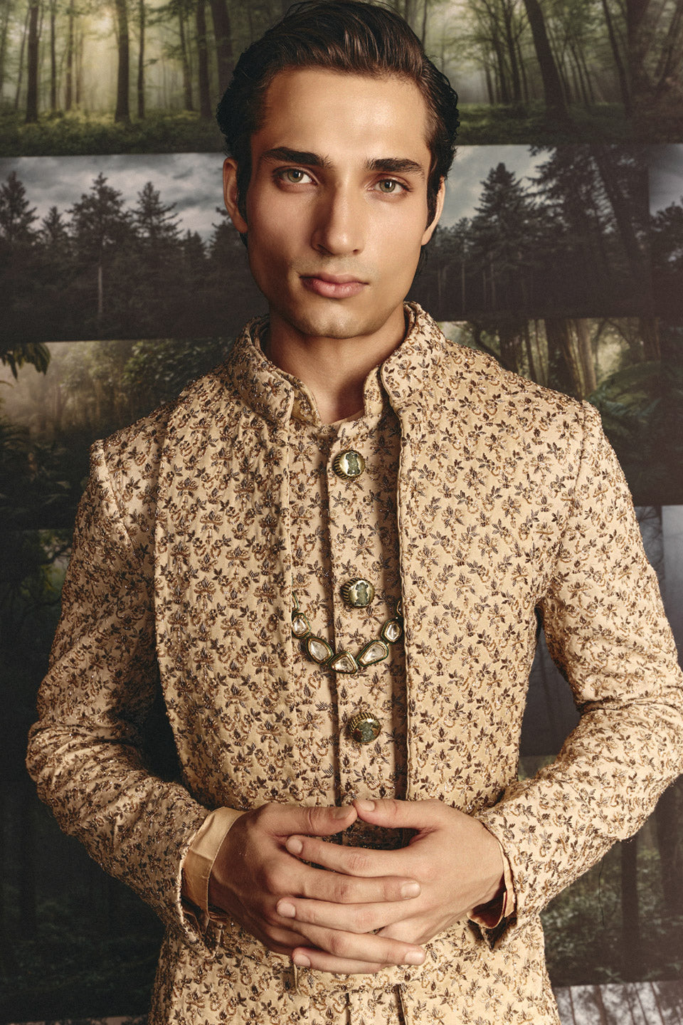 Zardosi Small Flower Champange Groom Set  