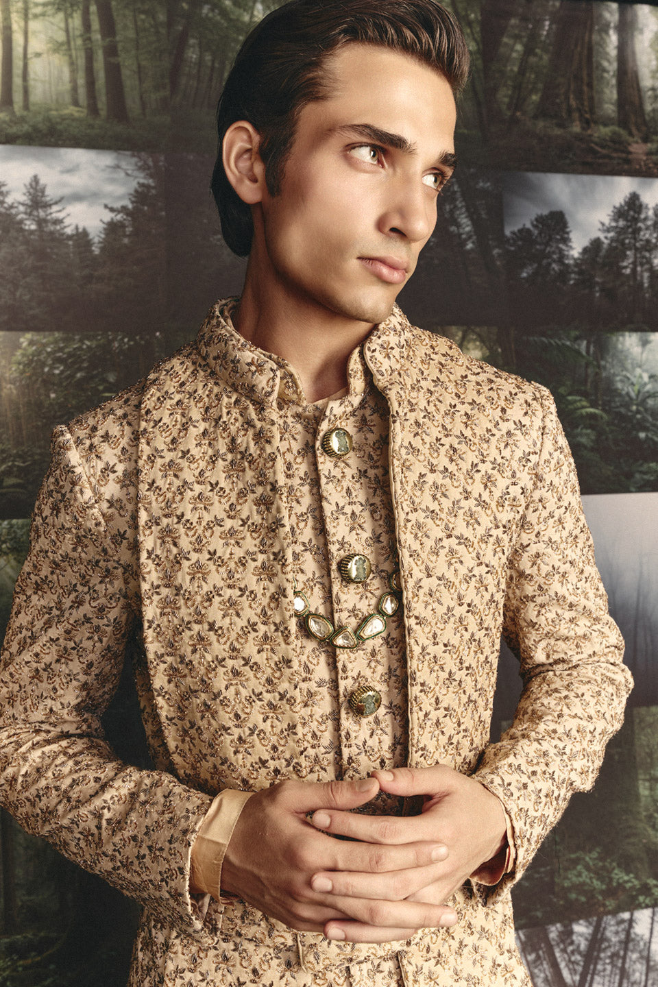 Zardosi Small Flower Champange Groom Set  
