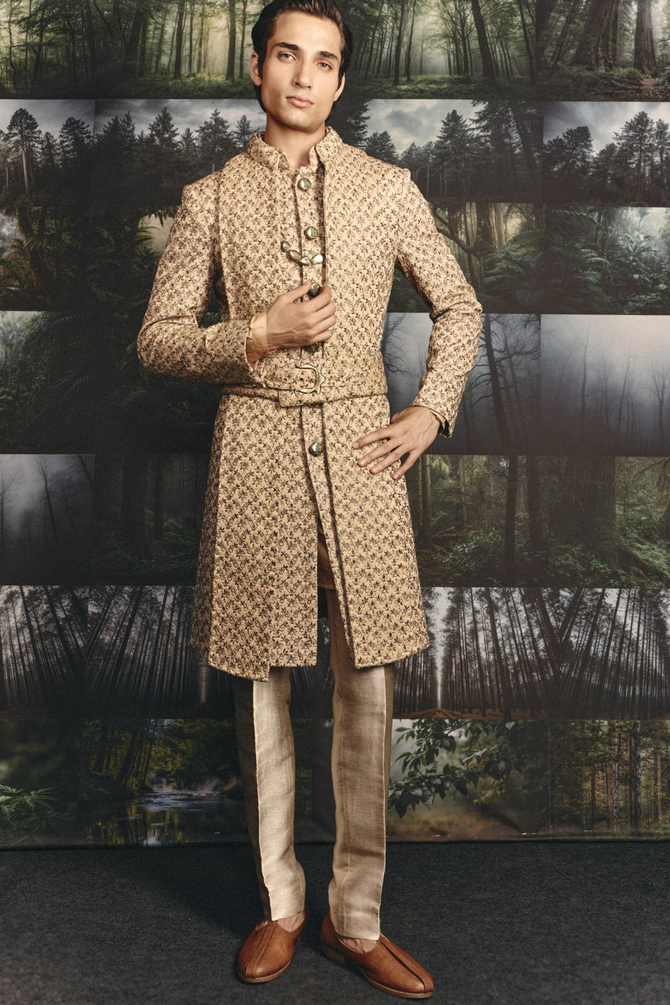 Zardosi Small Flower Champange Groom Set  