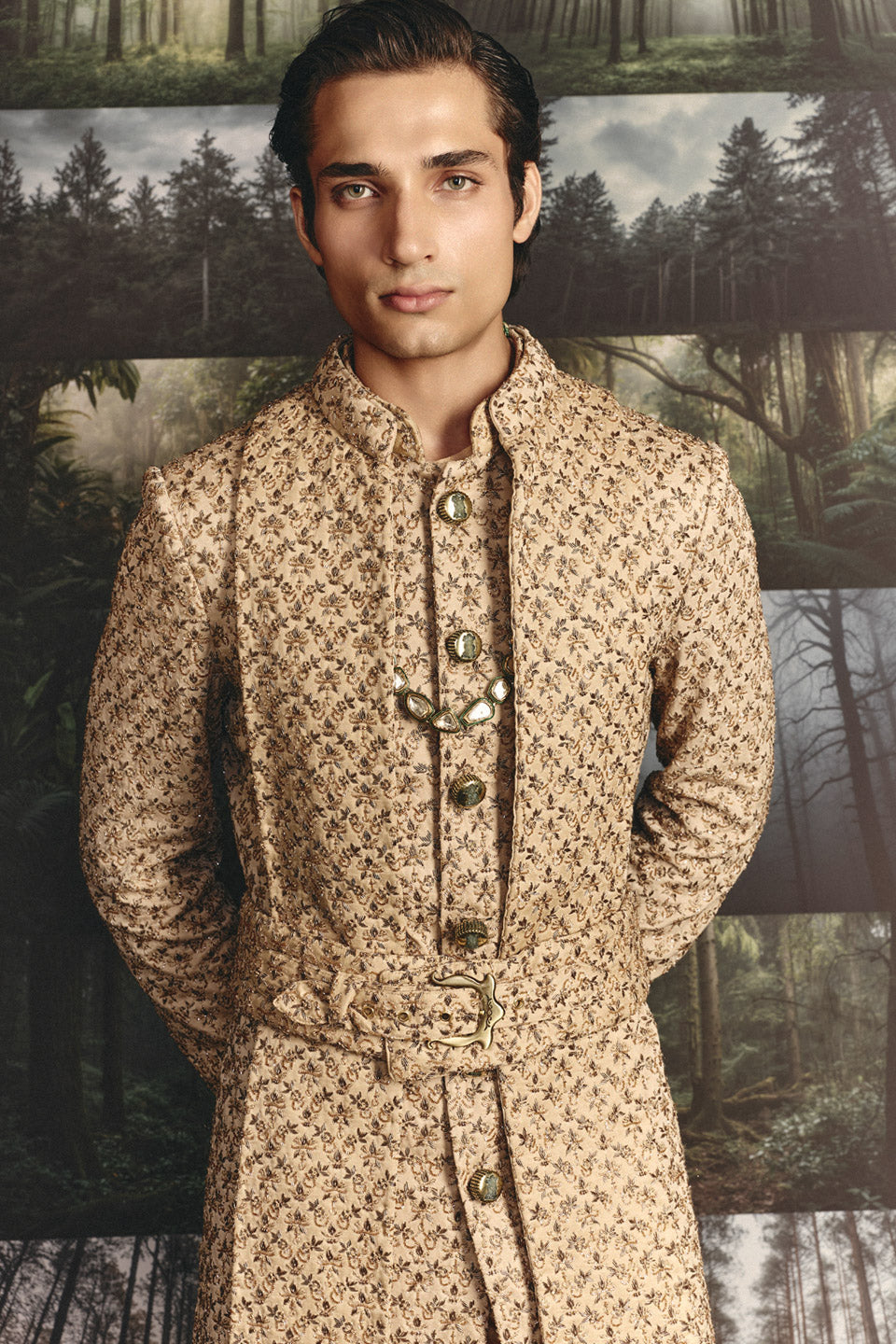Zardosi Small Flower Champange Groom Set  