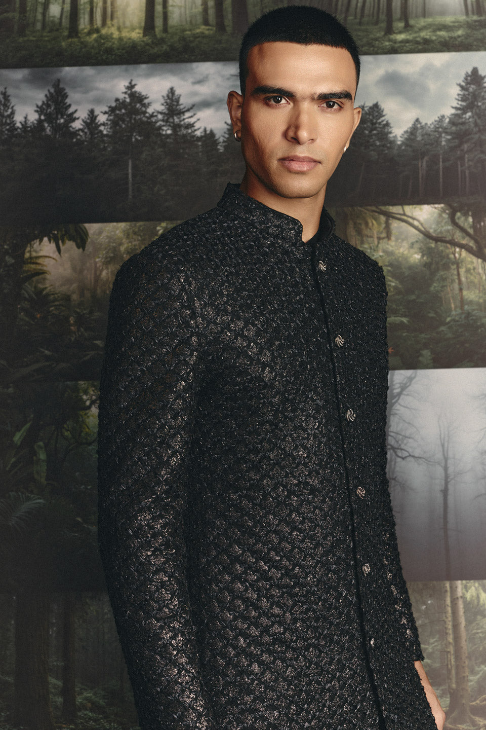 Black Highlighted Diamond Flower Sherwani  