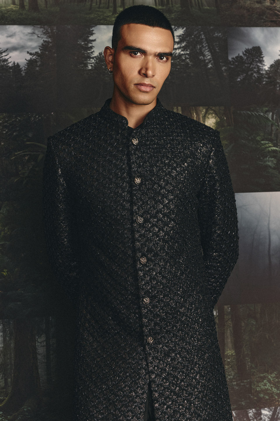 Black Highlighted Diamond Flower Sherwani  