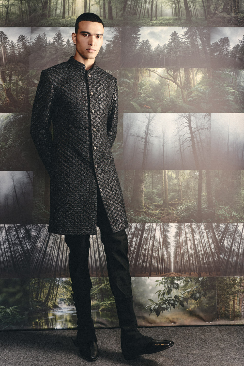 Black Highlighted Diamond Flower Sherwani  